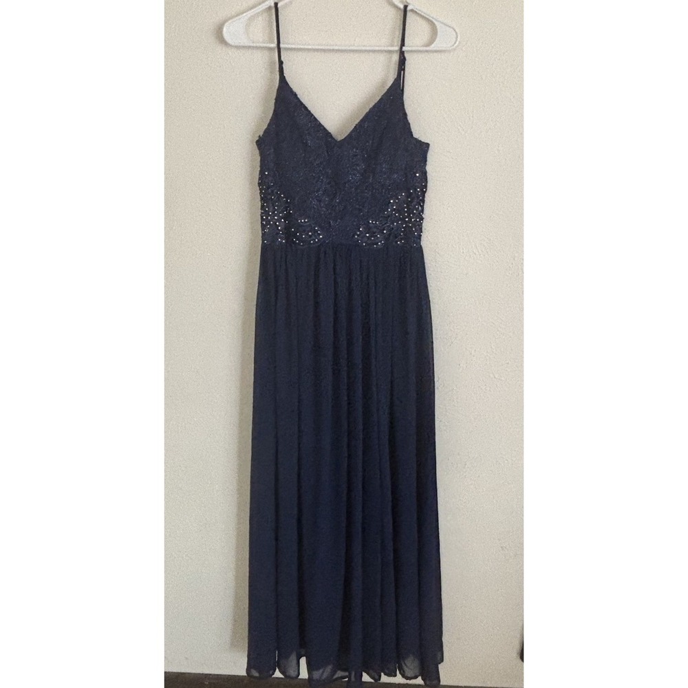 Navy Blue Formal Prom Dress Lace Floral Accents Sleeveless Gown Womens Size 7